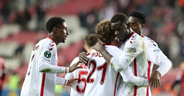 Samsunspor players celebrate a goal during the UEFA Conference League play-off second leg match against Shkendija at Samsun Yeni 19 Mayıs Stadium, Samsun, Türkiye, Feb. 27, 2026. (AA Photo)
