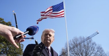 U.S. President Donald Trump speaks to the members of the media on the South Lawn of the White House before boarding Marine One helicopter en route Corpus Christi, Texas and Palm Beach, Florida, in Washington, D.C., USA, Feb. 27, 2026. (EPA Photo)
