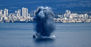 An explosion in the sea, after missiles were launched towards Israel from Iran following strikes by Israel and the U.S. on Iran, as seen from Haifa, northern Israel, Feb. 28, 2026. (Reuters Photo)