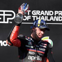 Aprilia Racing's Marco Bezzecchi celebrates winning the Thai MotoGP race in Buriram, Thailand, March 1, 2026. (Reuters Photo)
