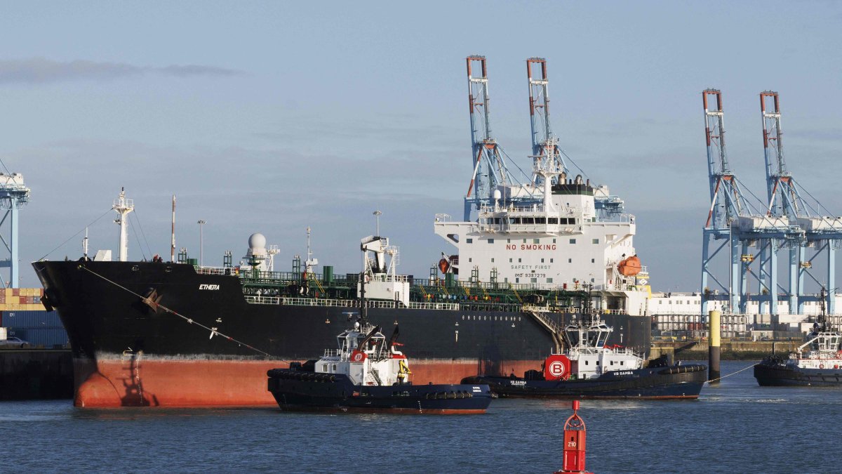 The seized 'Ethera' vessel is docked at the naval base in Zeebrugge, Belgium, March 1, 2026. (AFP Photo)
