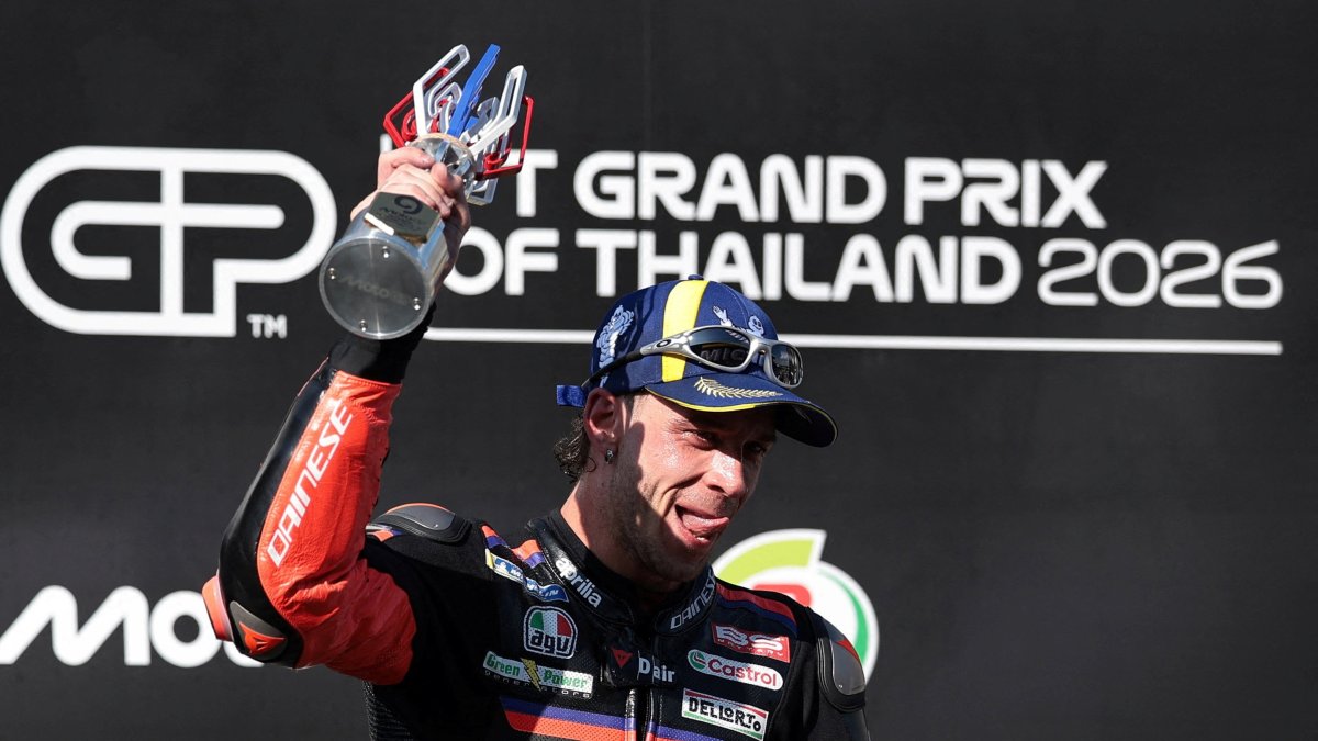 Aprilia Racing's Marco Bezzecchi celebrates winning the Thai MotoGP race in Buriram, Thailand, March 1, 2026. (Reuters Photo)