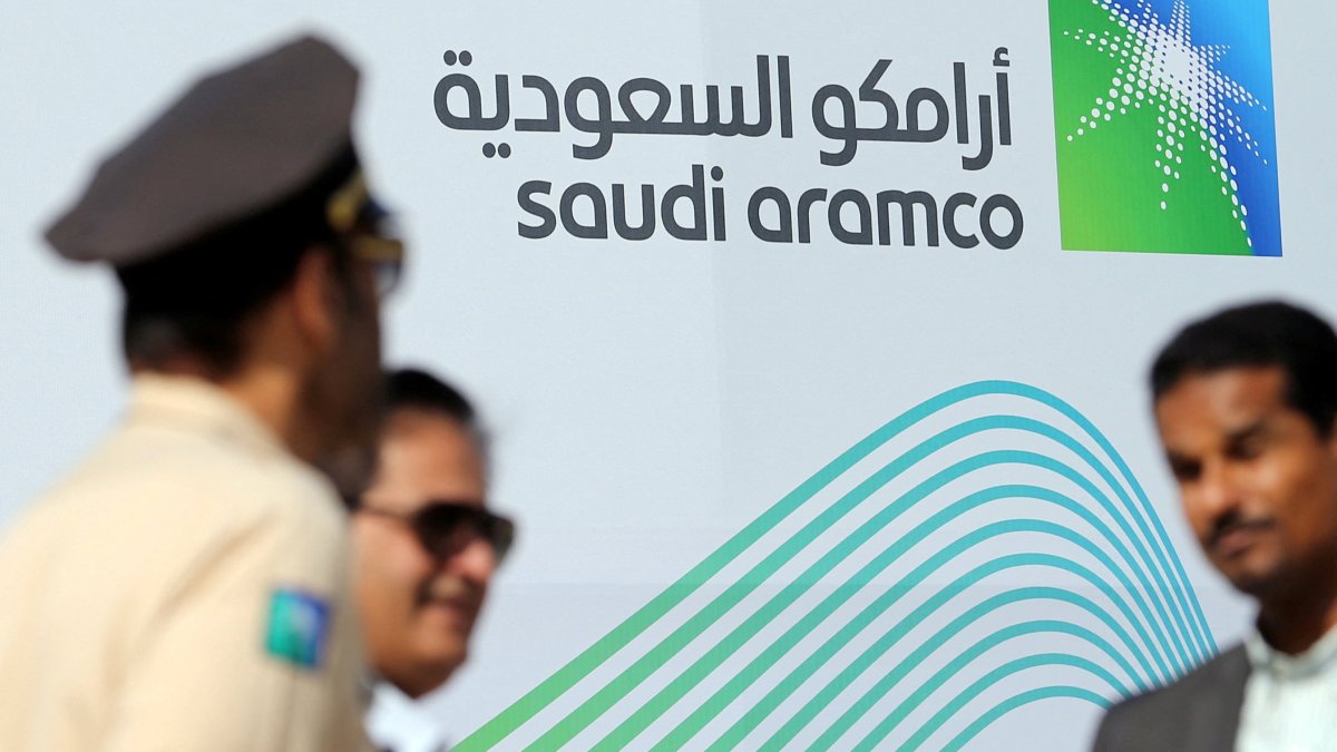 The logo of Aramco is displayed before the start of a press conference by Aramco at the Plaza Conference Center, Dhahran, Saudi Arabia, Nov. 3, 2019. (Reuters Photo)