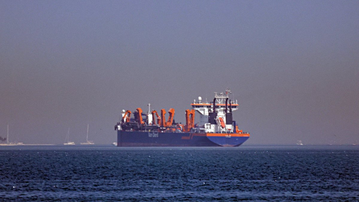 A vessel is seen anchoring off the coast of Dubai, United Arab Emirates, March 1, 2026. (EPA Photo)