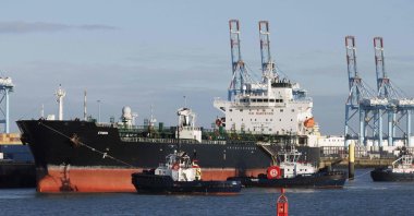The seized "Ethera" vessel is docked at the naval base in Zeebrugge, Belgium, March 1, 2026. (AFP Photo)