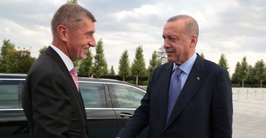 President Recep Tayyip Erdoğan shakes hands with Czech Prime Minister Andrej Babis during the latter's visit to Türkiye, Ankara, Türkiye, Sept. 3, 2019. (AA Photo)