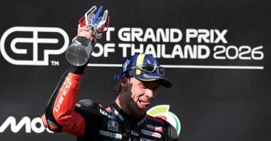 Aprilia Racing's Marco Bezzecchi celebrates winning the Thai MotoGP race in Buriram, Thailand, March 1, 2026. (Reuters Photo)