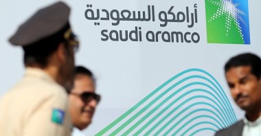 The logo of Aramco is displayed before the start of a press conference by Aramco at the Plaza Conference Center, Dhahran, Saudi Arabia, Nov. 3, 2019. (Reuters Photo)