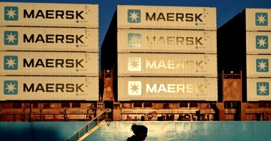 Containers of the Danish shipping and logistics company Maersk stand on a vessel, Copenhagen, Denmark, Sept. 14, 2023. (AFP Photo)