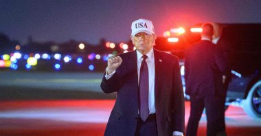 U.S. President Donald Trump gestures as he arrives at Palm Beach International Airport in West Palm Beach, Florida, U.S., Feb. 27, 2026. (AFP Photo)