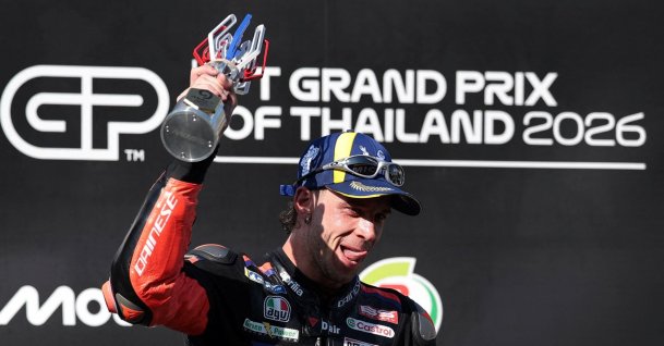 Aprilia Racing's Marco Bezzecchi celebrates winning the Thai MotoGP race in Buriram, Thailand, March 1, 2026. (Reuters Photo)