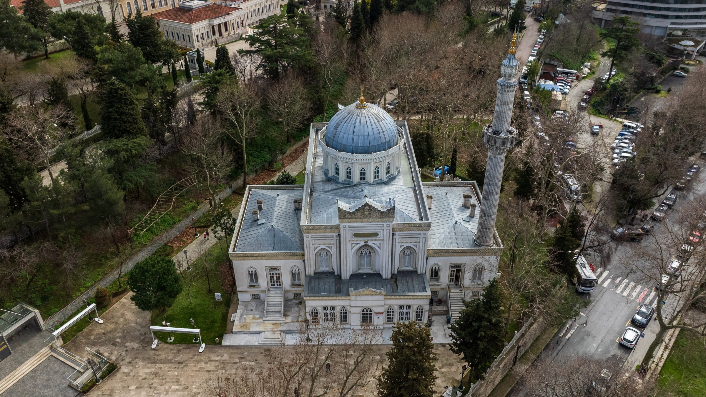 Aerial view of Yıldız Hamidiye Mosque highlights its single minaret, Istanbul, Türkiye, Feb. 25, 2026. (AA Photo) 