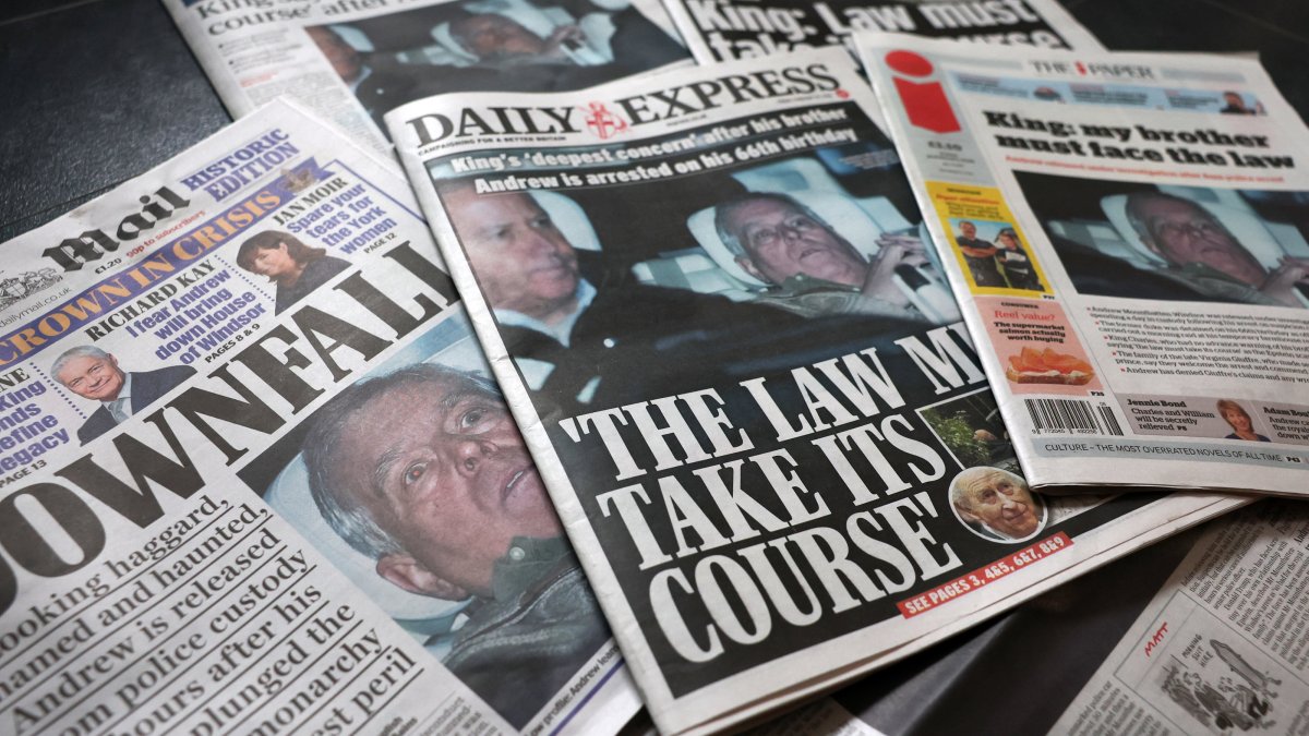 British newspaper front pages following the arrest of Andrew Mountbatten-Windsor, Liverpool, Britain, Feb. 20, 2026. (EPA Photo)