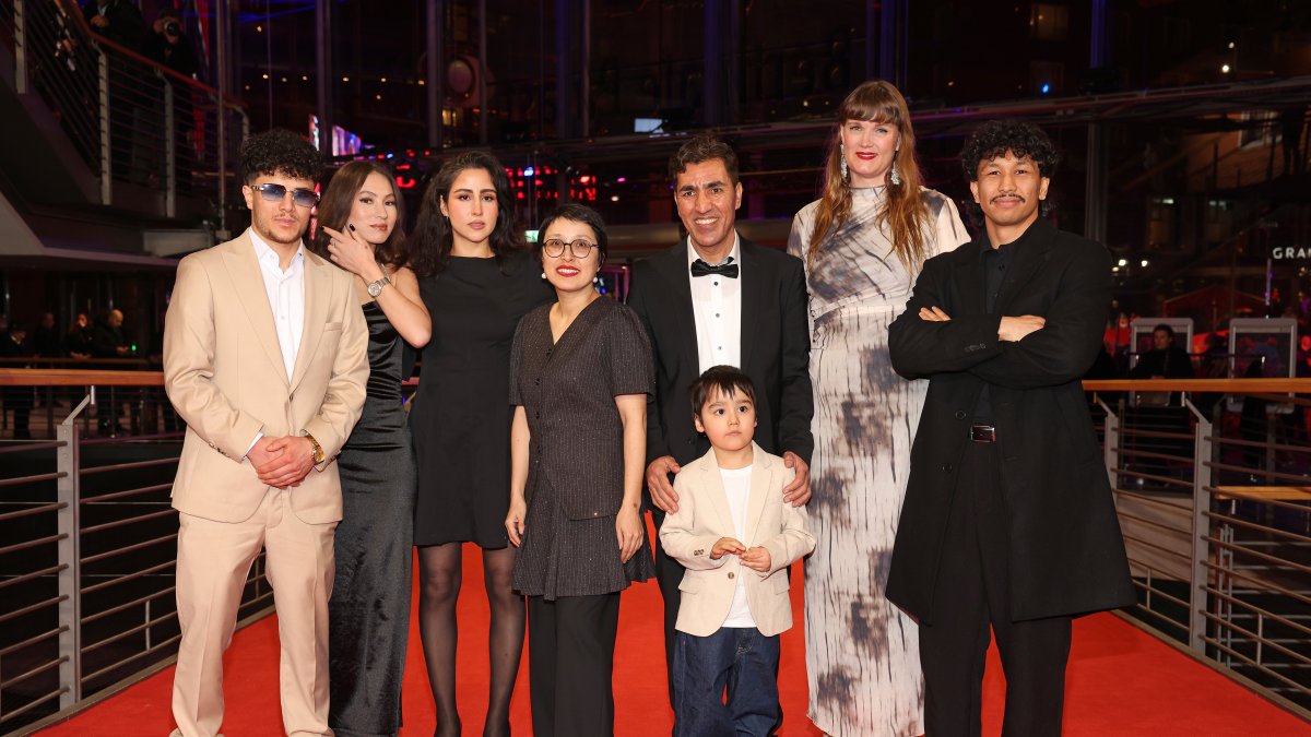(3rd L-R) Laila Mahmudi, Shahrbanoo Sadat, Anwar Hashimi, Liam Hussaini, Katja Adomeit and guesta attend the "No Good Men" Premiere &amp; Opening Red Carpet premiere during the 76th Berlinale International Film Festival Berlin, Berlin, Germany, Feb. 12, 2026. (Getty Images Photo)