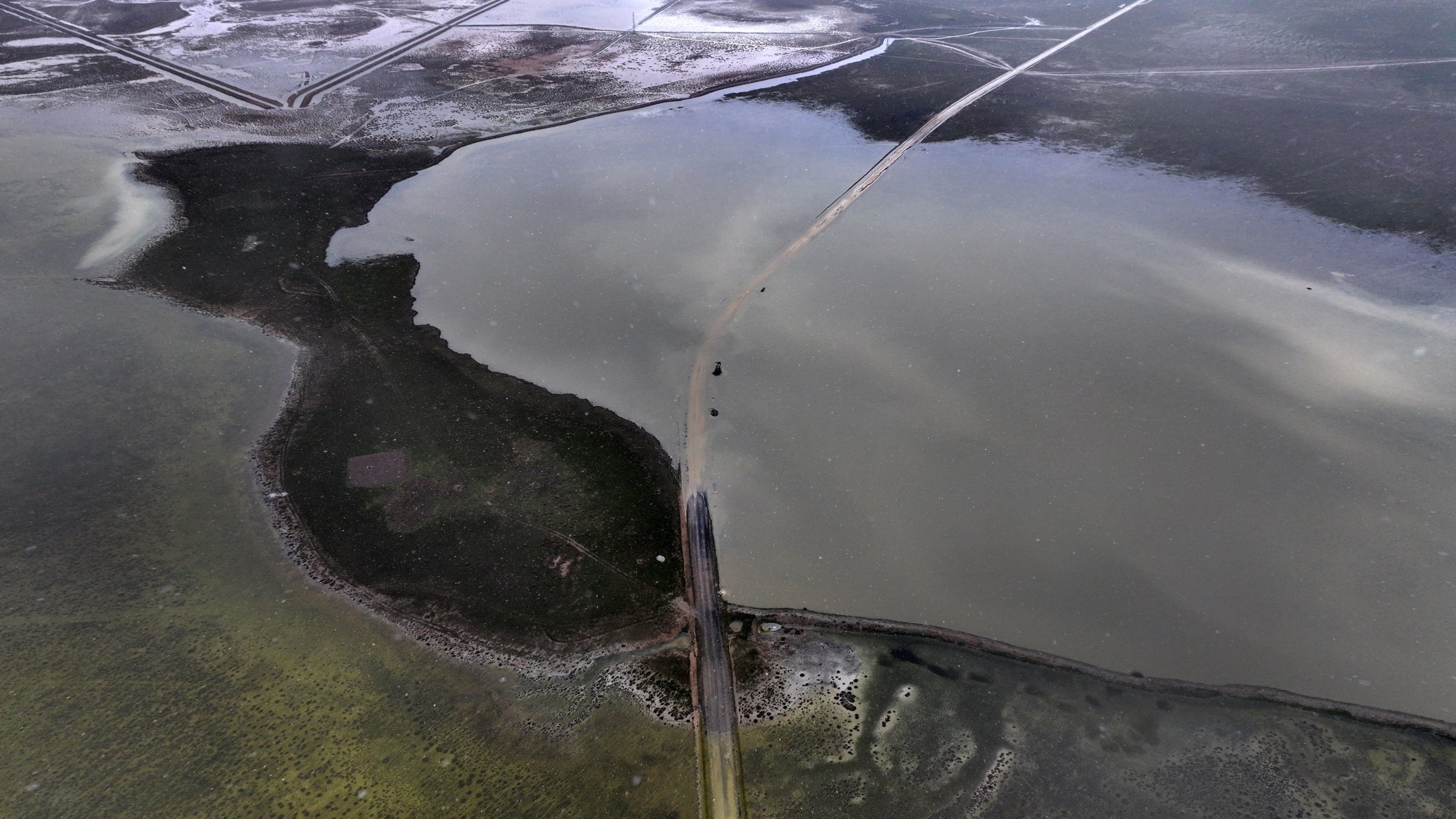 Aerial view showing the expanded waters in Tuzla Palas Lake, Kayseri, Türkiye, Feb. 25, 2026. (AA Photo) 