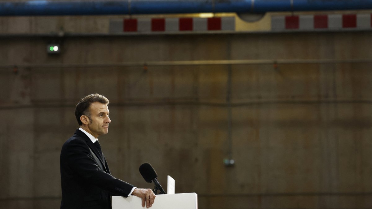 French President Emmanuel Macron delivers a speech at the nuclear submarine Navy base Ile Longue in Crozon, France, March 2, 2026. (Reuters Photo)