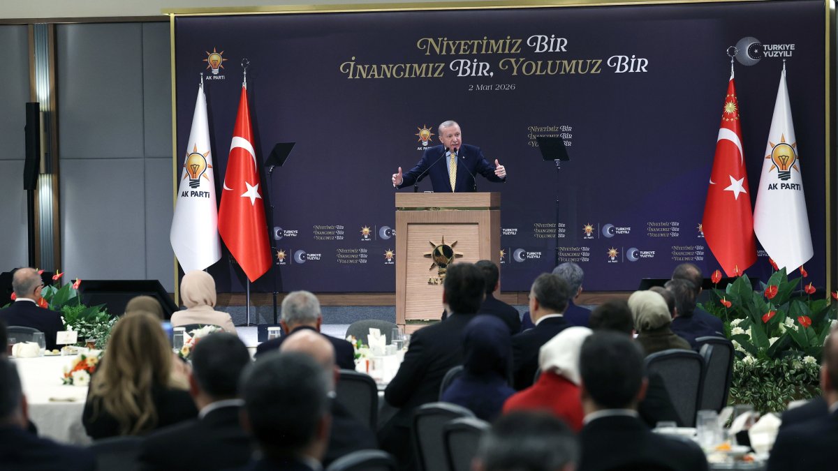President Recep Tayyip Erdoğan speaks at an iftar dinner at the ruling Justice and Development Party (AK Party) headquarters in the capital Ankara, March 2, 2026. (AA Photo)