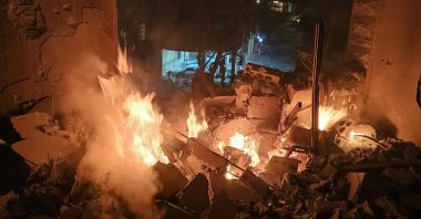 Fire erupts in a building damaged in an Israeli airstrike in the suburb of Haret Hreik, southern Beirut, Lebanon, March 2, 2026. (AFP Photo)