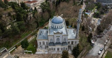 Aerial view of Yıldız Hamidiye Mosque highlights its single minaret, Istanbul, Türkiye, Feb. 25, 2026. (AA Photo) 