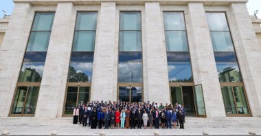 Parliament speakers pose for a family photo at the Sixth World Conference of Speakers of Parliament, Geneva, Switzerland, July 30, 2025. (AA Photo)