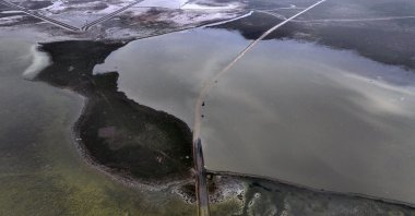Aerial view showing the expanded waters in Tuzla Palas Lake, Kayseri, Türkiye, Feb. 25, 2026. (AA Photo) 