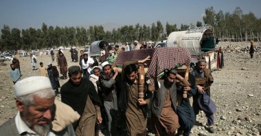 People attend the funeral of a person who was killed in alleged Pakistani airstrikes, in the Ghani Khel district of Nangarhar province, Afghanistan, March 1, 2026. (EPA Photo)