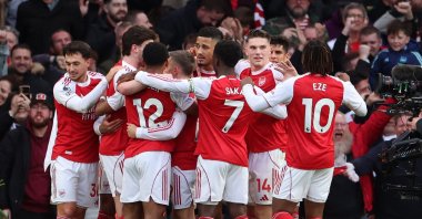 Arsenal players celebrate during the English Premier League match against Chelsea, London, U.K., March 1, 2026. (EPA Photo)