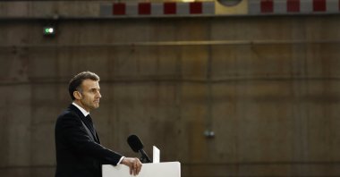 French President Emmanuel Macron delivers a speech at the nuclear submarine Navy base Ile Longue in Crozon, France, March 2, 2026. (Reuters Photo)