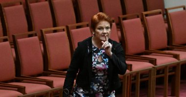 One Nation leader Pauline Hanson walks out during debate on a censure motion in the Senate chamber at Parliament House in Canberra, Australia, March 2, 2026. (Reuters Photo)