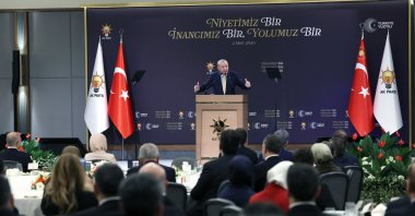 President Recep Tayyip Erdoğan speaks at an iftar dinner at the ruling Justice and Development Party (AK Party) headquarters in the capital Ankara, March 2, 2026. (AA Photo)