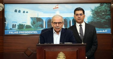 A handout photo released by the Lebanese Government Press Office on March 2, 2026 shows Lebanese Prime Minister Nawaf Salam speaking at the end of the ministerial council at the Presidential Palace of Baabda, east of Beirut. (AFP Photo)