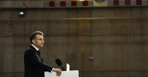 French President Emmanuel Macron delivers a speech at the nuclear submarine Navy base Ile Longue in Crozon, France, March 2, 2026. (Reuters Photo)
