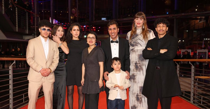 (3rd L-R) Laila Mahmudi, Shahrbanoo Sadat, Anwar Hashimi, Liam Hussaini, Katja Adomeit and guesta attend the "No Good Men" Premiere &amp; Opening Red Carpet premiere during the 76th Berlinale International Film Festival Berlin, Berlin, Germany, Feb. 12, 2026. (Getty Images Photo)