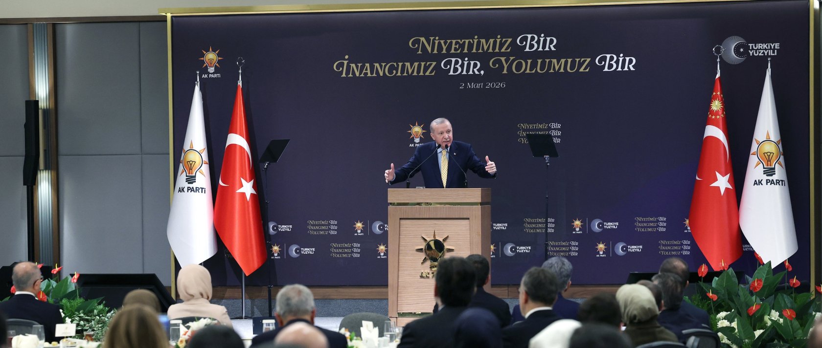 President Recep Tayyip Erdoğan speaks at an iftar dinner at the ruling Justice and Development Party (AK Party) headquarters in the capital Ankara, March 2, 2026. (AA Photo)