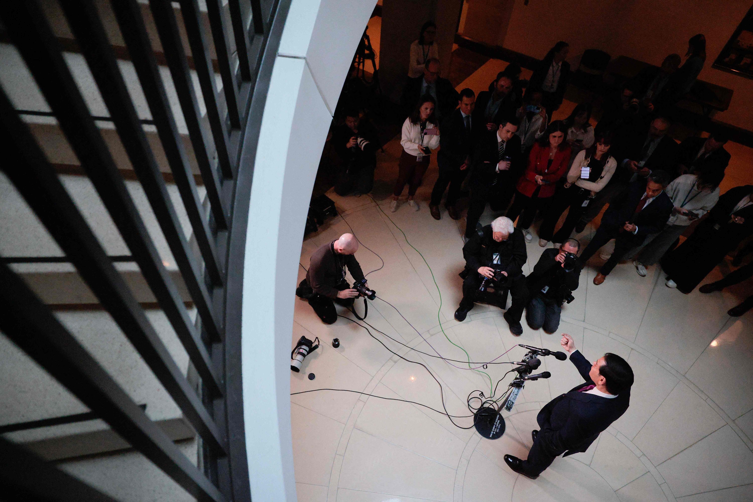 U.S. Secretary of State Marco Rubio talks to reporters at the U.S. Capitol before briefing leaders from the House of Representatives and the Senate, Washington, U.S., March 2, 2026. (AFP Photo)