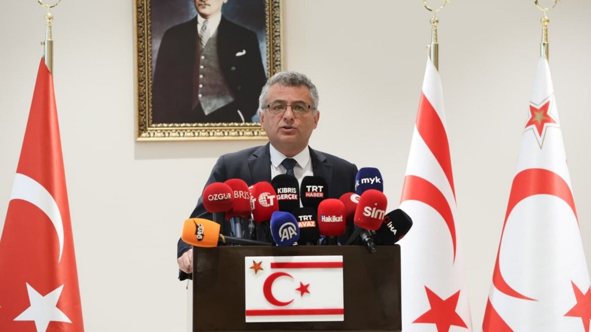 The Turkish Republic of Northern Cyprus’ (TRNC) President Tufan Erhürman speaks at a press conference, Lefkoşa, TRNC, Feb. 24, 2026. (AA Photo)