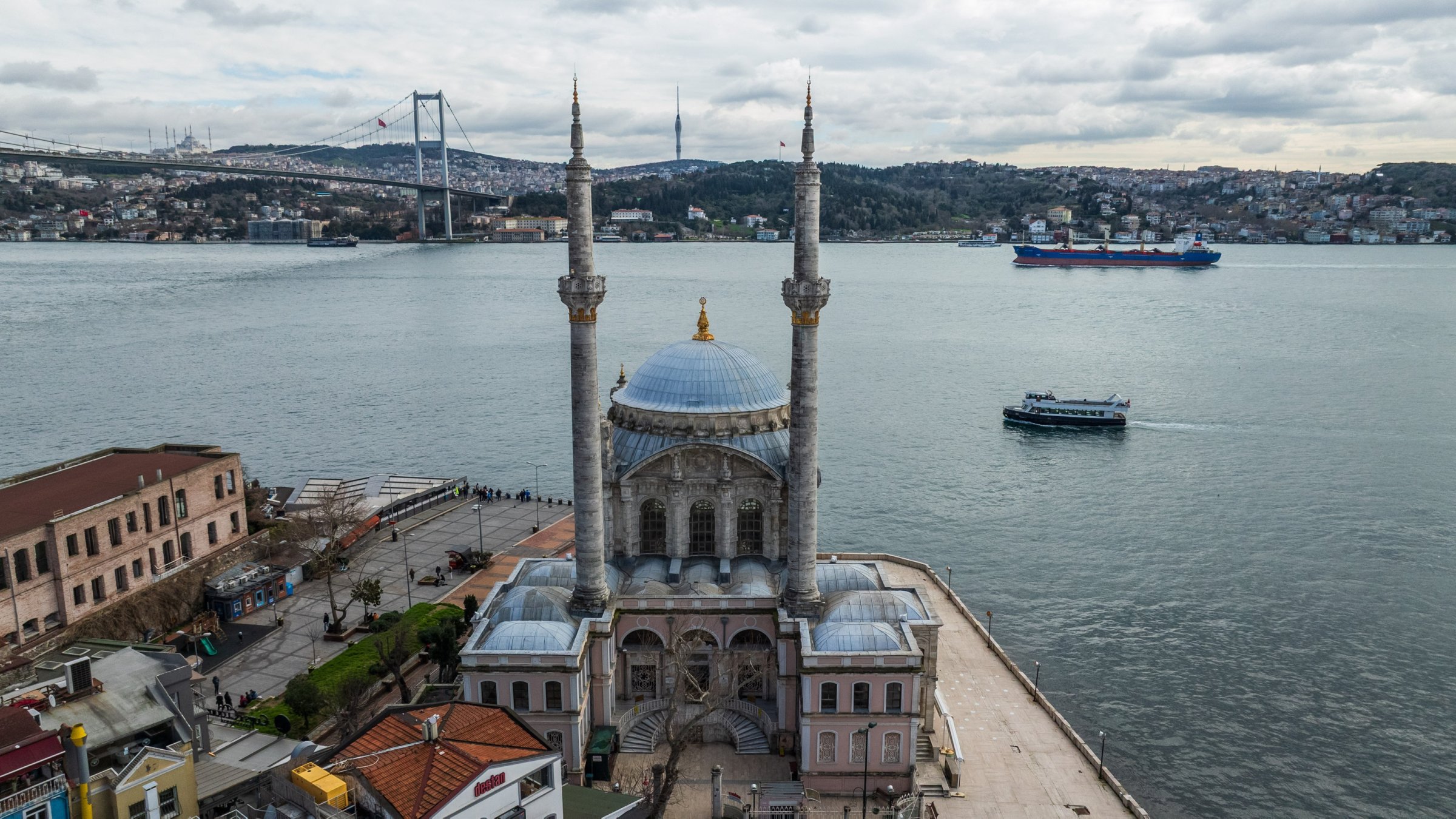 An aerial view shows the Büyük Mecidiye Mosque along the Bosphorus, Istanbul, Türkiye, Feb. 25, 2026. (AA Photo)