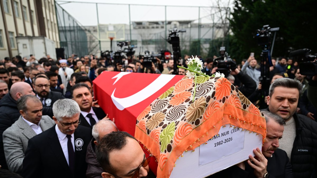 The coffin of Fatma Nur Çelik is carried during a farewell ceremony at her school in Istanbul, Türkiye, March 3, 2026. (AA Photo)