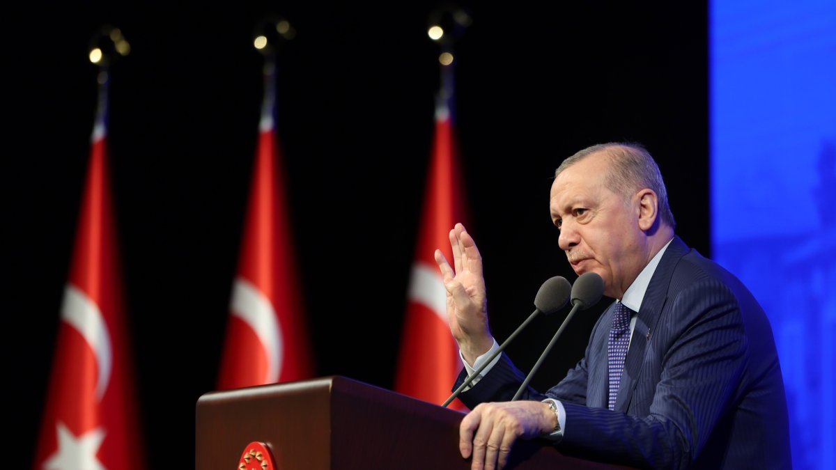 President Recep Tayyip Erdoğan speaks at a social housing draw ceremony in Ankara, March 3, 2026. (IHA Photo)