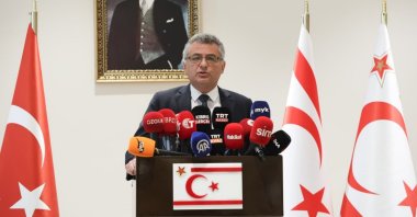 The Turkish Republic of Northern Cyprus’ (TRNC) President Tufan Erhürman speaks at a press conference, Lefkoşa, TRNC, Feb. 24, 2026. (AA Photo)