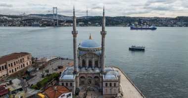 An aerial view shows the Büyük Mecidiye Mosque along the Bosphorus, Istanbul, Türkiye, Feb. 25, 2026. (AA Photo)