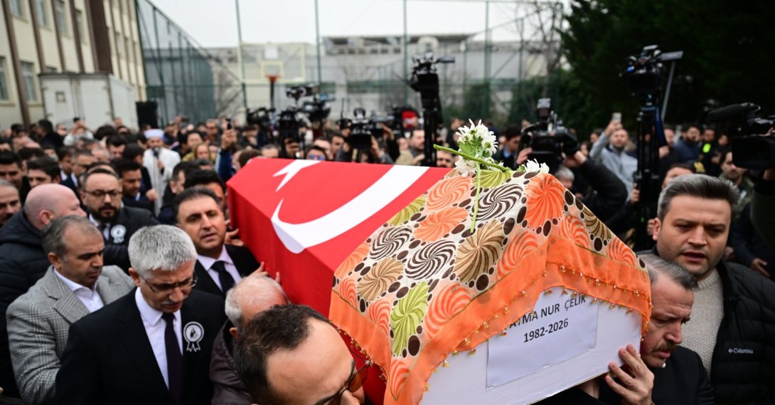 The coffin of Fatma Nur Çelik is carried during a farewell ceremony at her school in Istanbul, Türkiye, March 3, 2026. (AA Photo)