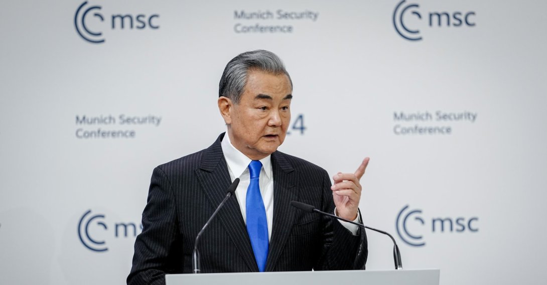 Foreign Minister of China Wang Yi speaks at the Munich Security Conference in Munich, Germany, Saturday Feb. 14, 2026. (AP Photo)