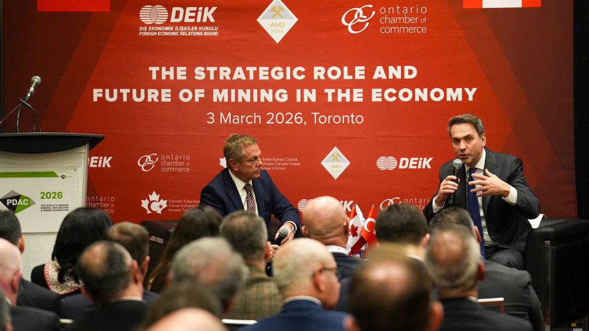 Energy and Natural Resources Minister Alparslan Bayraktar (R) speaks during an event, Toronto, Canada, March 3, 2026. (AA Photo)