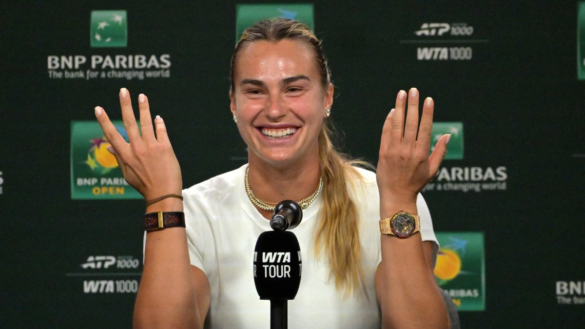 Aryna Sabalenka speaks to the media during a news conference at the BNP Paribas Open at the Indian Wells Tennis Garden in Indian Wells, California, U.S., March 3, 2026. (Reuters Photo)