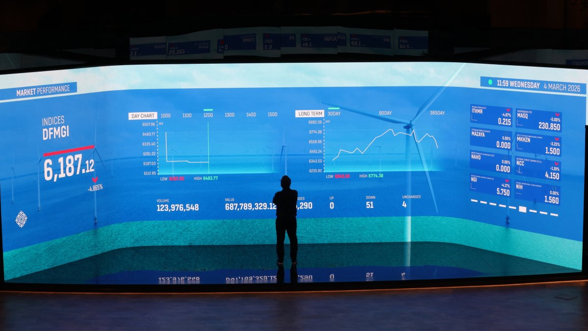 A man follows the stock market shares on a screen with stock information at the Dubai Financial Market (DFM) in the Gulf emirate of Dubai, UAE, March 4, 2026. (EPA Photo)