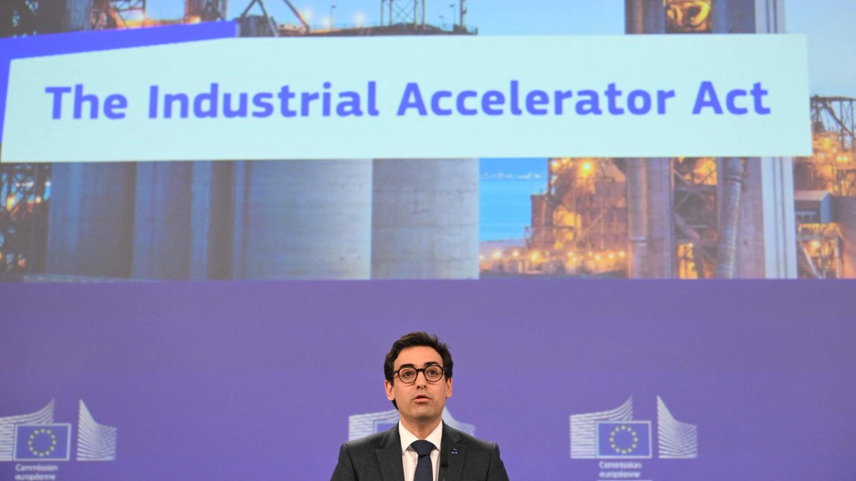 EU Executive Vice-President for Prosperity and Industrial Strategy Stephane Sejourne gives a press conference to unveil EU "Industrial Accelerator Act," Brussels, Belgium, March 4, 2026. (AFP Photo)