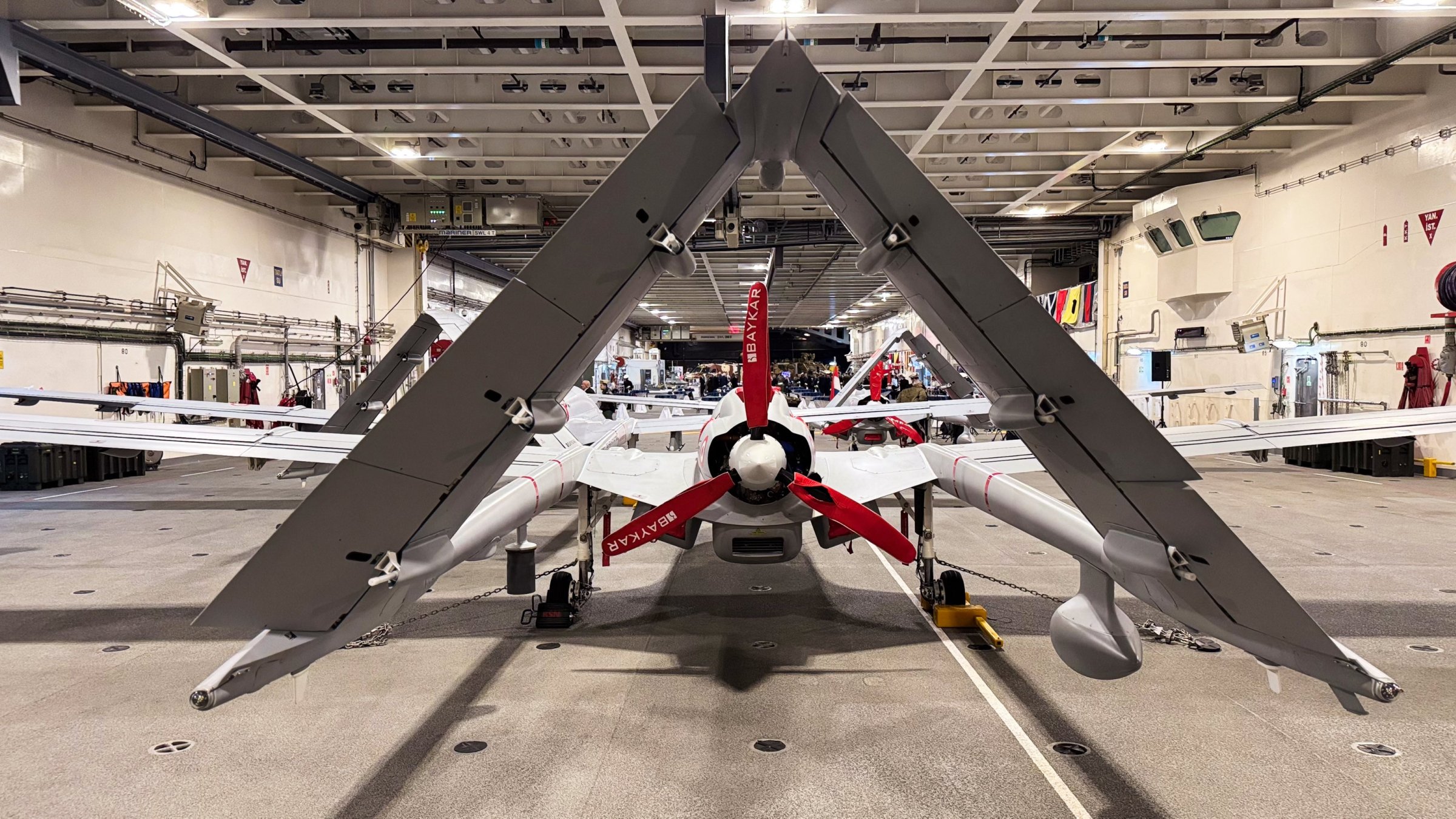 A view of the Turkish defense industry exhibition held aboard TCG Anadolu docked at the Port of Rotterdam as part of Steadfast Dart 2026, showcasing Türkiye’s defense technologies during the NATO drill in the Netherlands, Feb. 27, 2026. (AA File Photo)