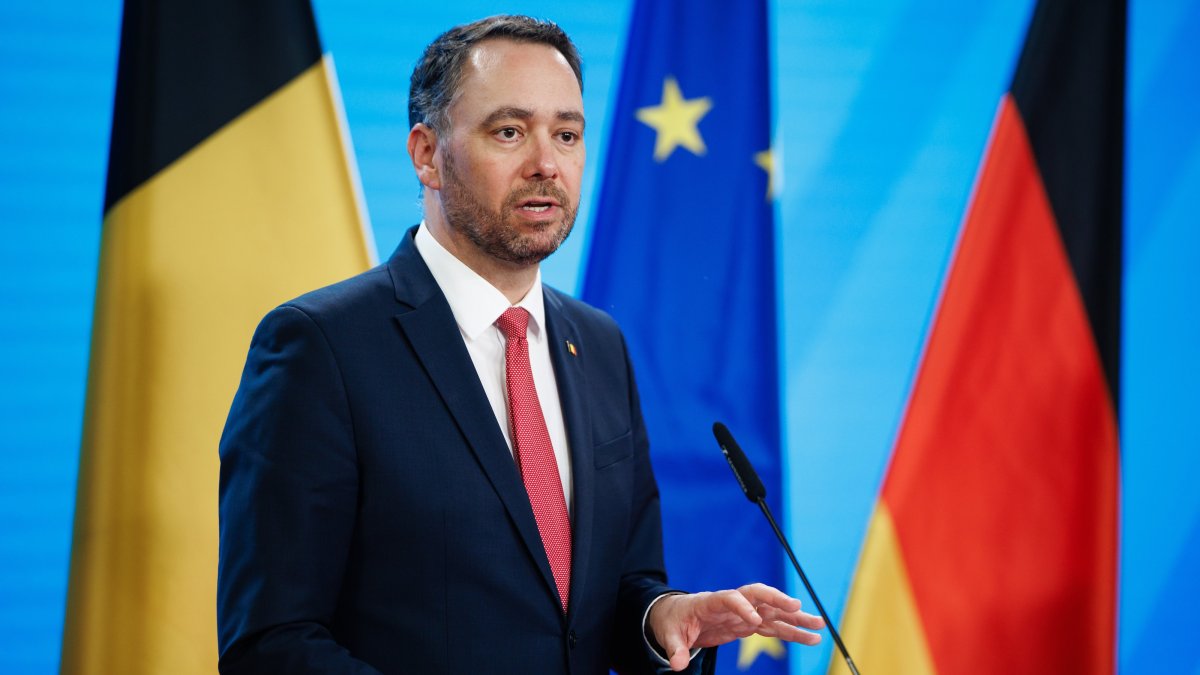 Belgian Foreign Minister Maxime Prevot gestures during a joint press conference with the German foreign minister at the foreign ministry in Berlin, Germany, Feb. 25, 2026. (EPA Photo)