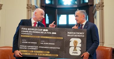 FIFA President Gianni Infantino presents Canadian Prime Minister Mark Carney with a ticket for Canada’s opening match at the upcoming FIFA World Cup during a ceremony at Parliament Hill, Ottawa, Canada, Oct. 10, 2025. (AFP Photo)